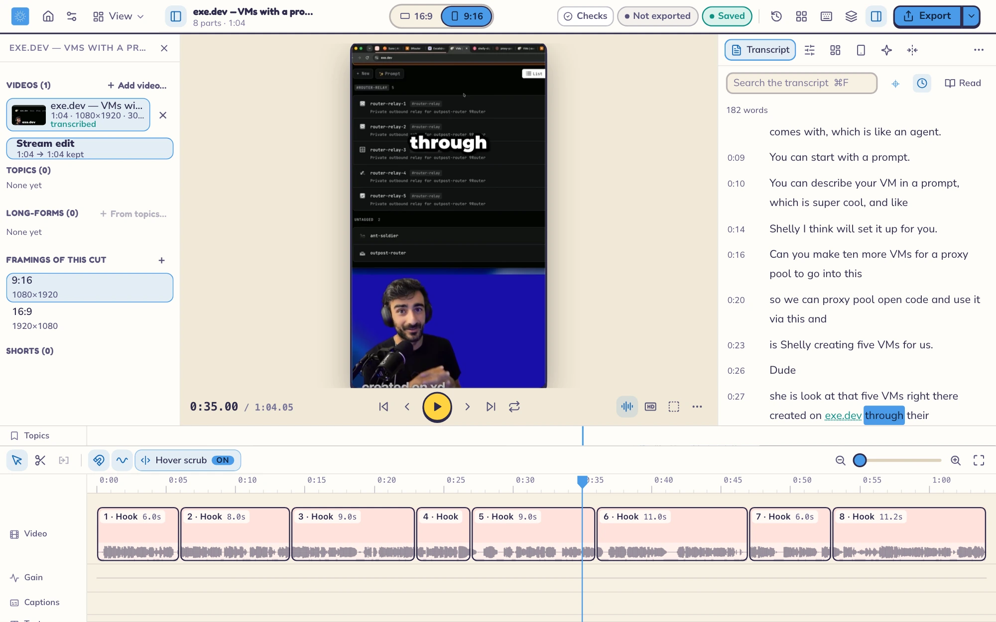 The gmclip editor with AJ’s exe.dev Short, its transcript, project map, and an eight-part timeline